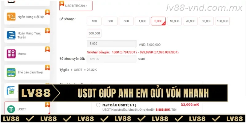 Giao dịch USDT tiện lợi trên nền tảng LV88